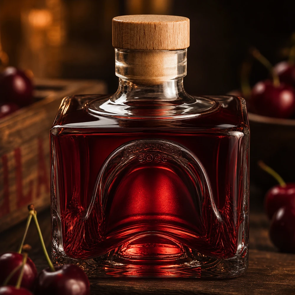 200ml Glasflasche Bob mit rotem Kirschlikör gefüllt, Holzkorken-Verschluss, dekorative Anordnung mit frischen Kirschen