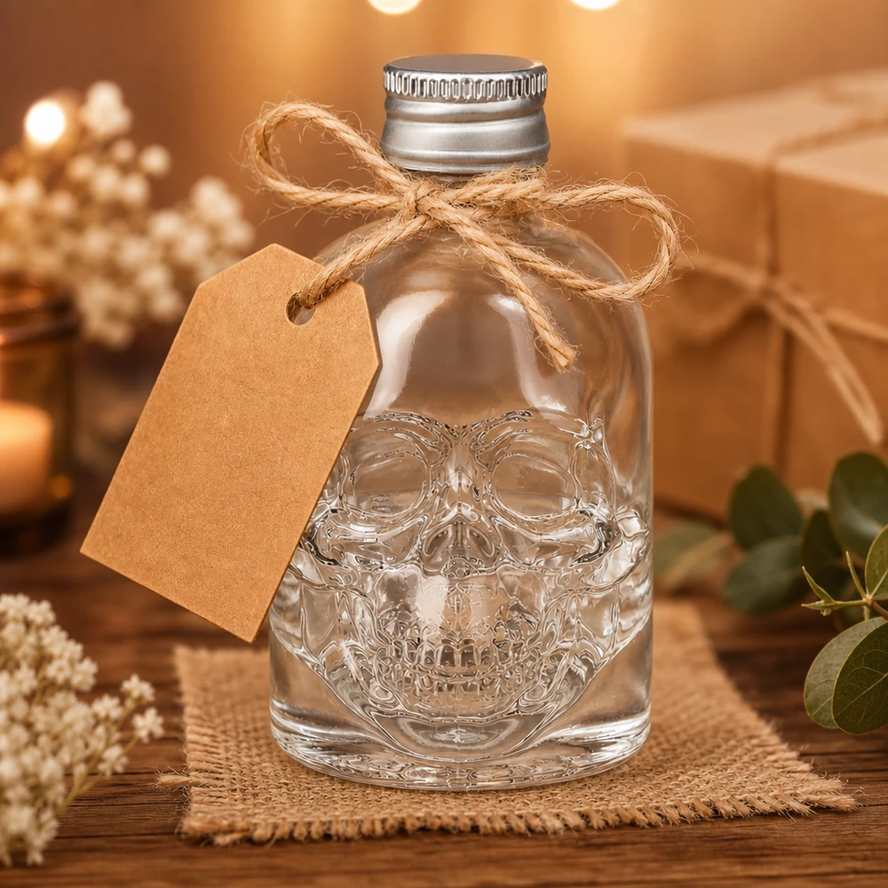 50ml Glasflasche Hector mit Totenkopf-Prägung als Geschenk mit Jute-Schleife und Kraftpapier-Anhänger dekoriert