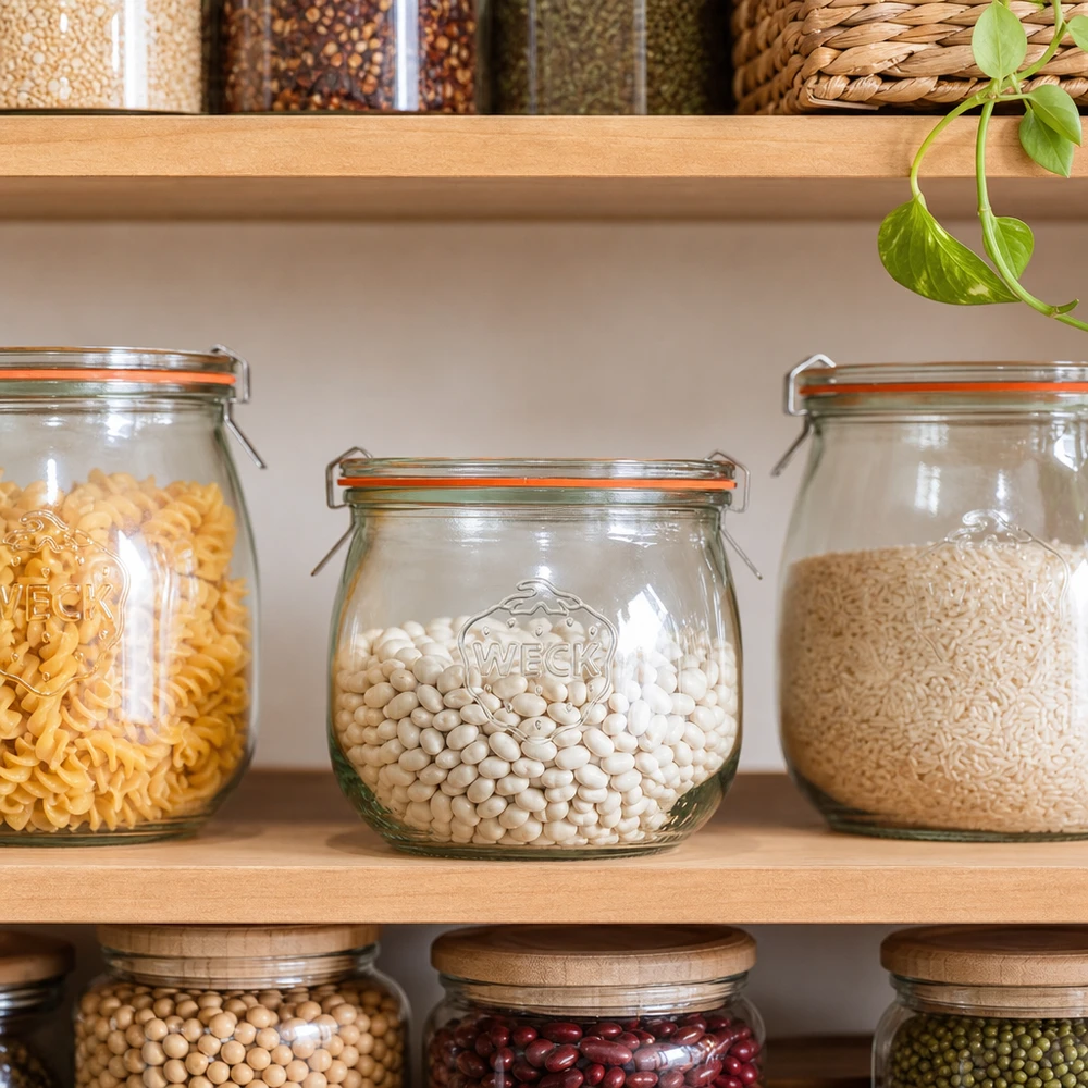 370ml Tulpenglas komplett WECK RR80 WECK Tulpenglas 370ml RR80 für Pantry-Organisation mit weißen Bohnen zwischen Pasta und Reis in Vorratsregal