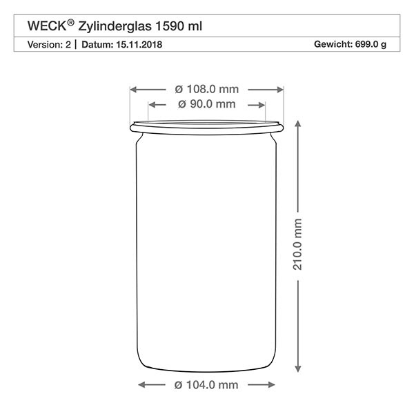1590ml Zylinderglas WECK RR100 mit Korken natur WECK Zylinderglas 1590ml RR100 technische Zeichnung mit Maßangaben Durchmesser Höhe Gewicht Produktspezifikation