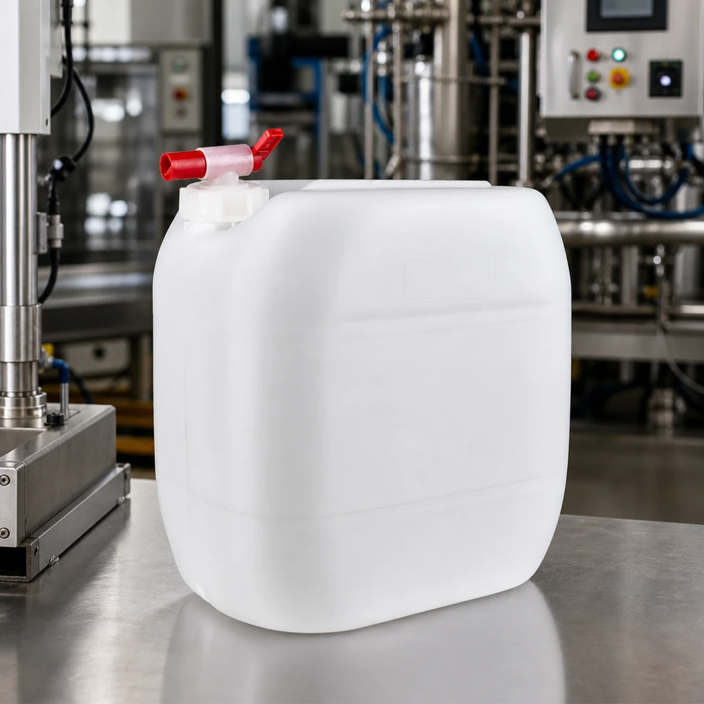 Kanister 30 Liter mit Auslaufhahn Rechteckiger 30L Kanister mit seitlichem Zapfventil auf metallischer Arbeitsfläche