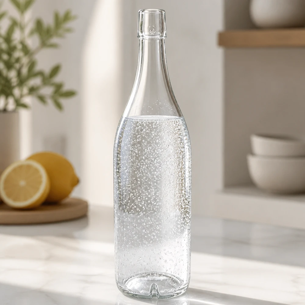 Glasflasche 1000ml UNiTWIST mit Sprudelwasser gefüllt Küchencounter Zitronen moderne Kücheneinrichtung hell