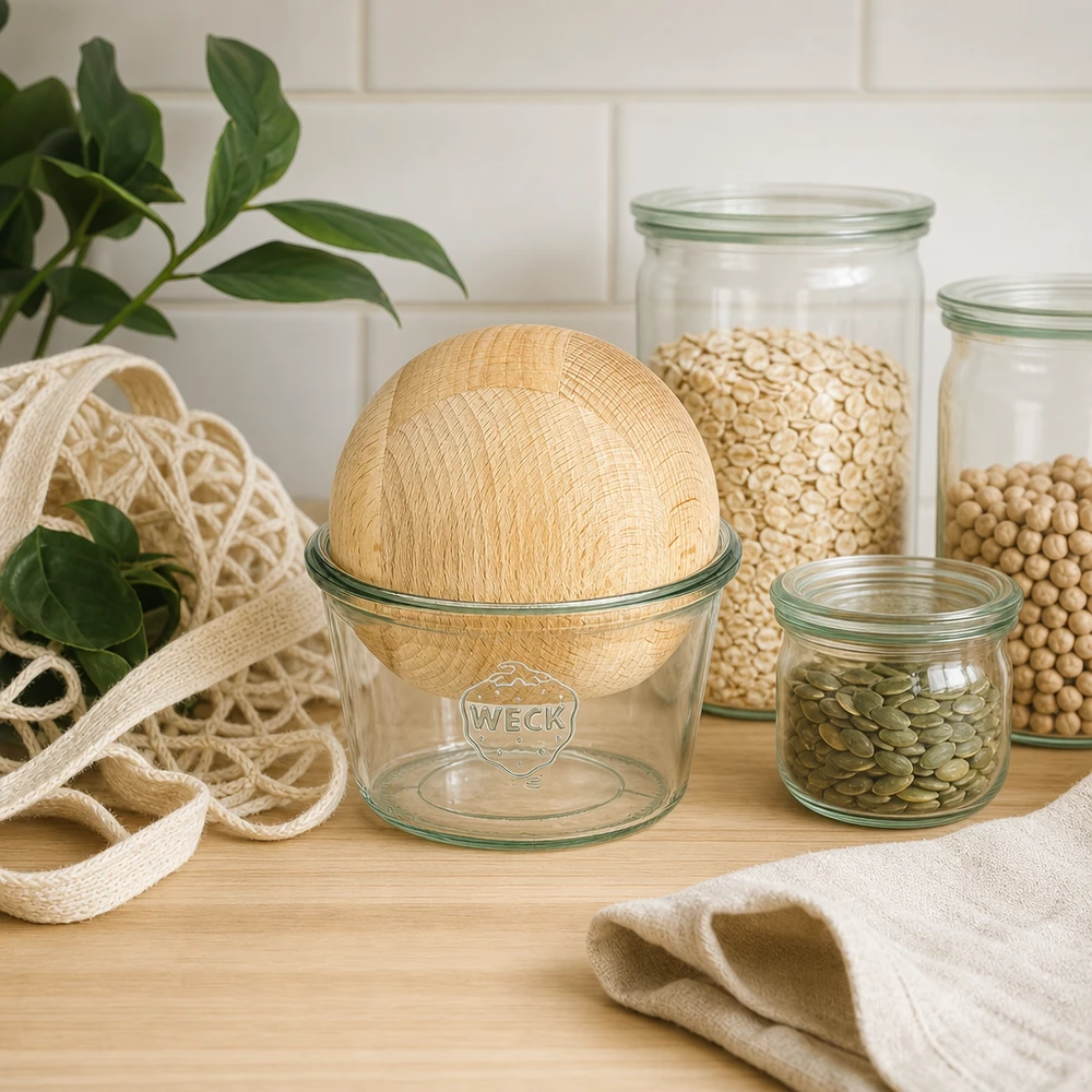370ml Sturzglas WECK RR100 mit Holzkugel Buche WECK Sturzglas 370ml RR100 Nachhaltigkeit Zero Waste Küche Buchenkugel Vorratsdosen Hülsenfrüchte Öko Lifestyle