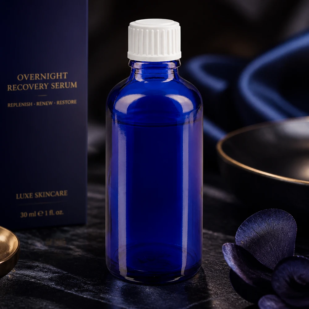 Apothekenflasche blau 50ml Tropfverschluss weiß 0.8mm Standard Pharmazeutische blaue Tropfflasche 50ml ApoGlas mit kindersicherem weißem Verschluss STD-Norm