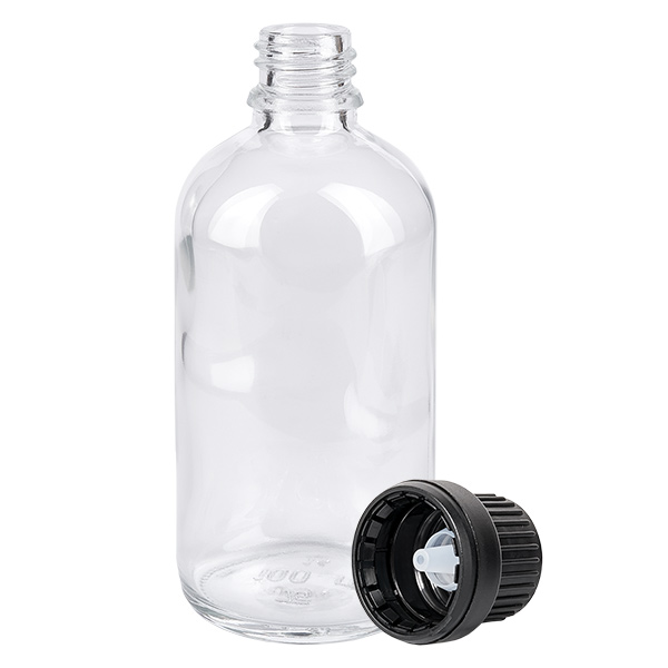 100ml Dosierungsflasche Klarglas schwarzer Verschluss mit weißem Tropfeinsatz 2mm
