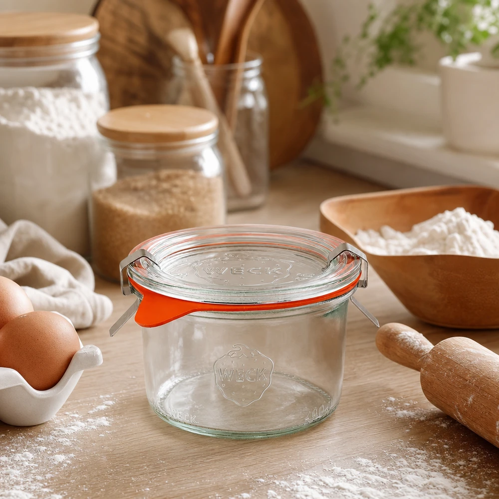 200ml Sturzglas komplett WECK RR80 WECK Sturzglas 200ml RR80 in Küchenszene mit Backzutaten Mehl Eier und Holzutensilien zum Backen und Kochen