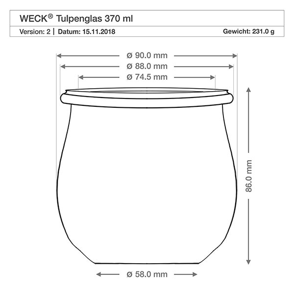 370ml Tulpenglas WECK mit Silikondeckel weiß Technische Zeichnung WECK Tulpenglas RR80 370ml mit Maßangaben und Produktspezifikationen, Gewicht 231g