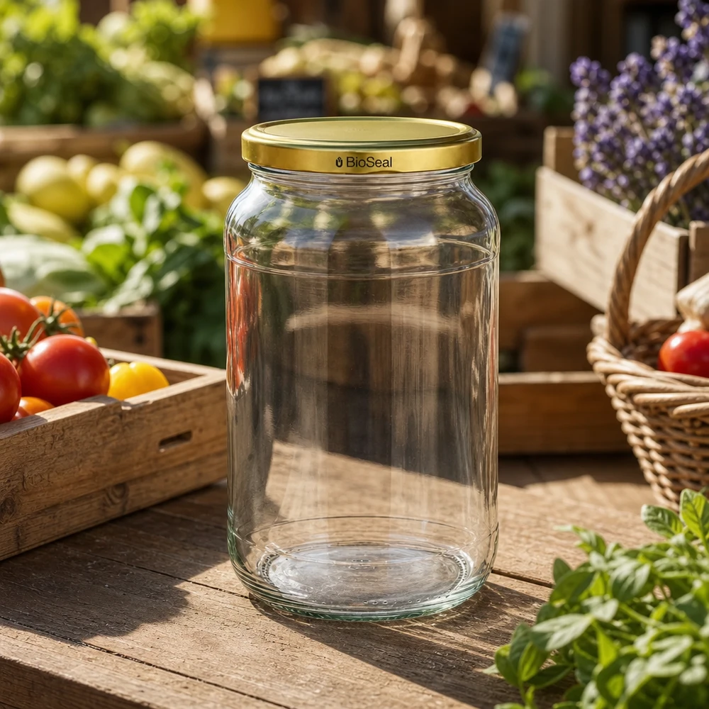 UNiTWIST Runda1062 Glasdose leer Marktstand frisches Gemüse TO82 BioSeal Golddeckel Bauernmarkt Ambiente