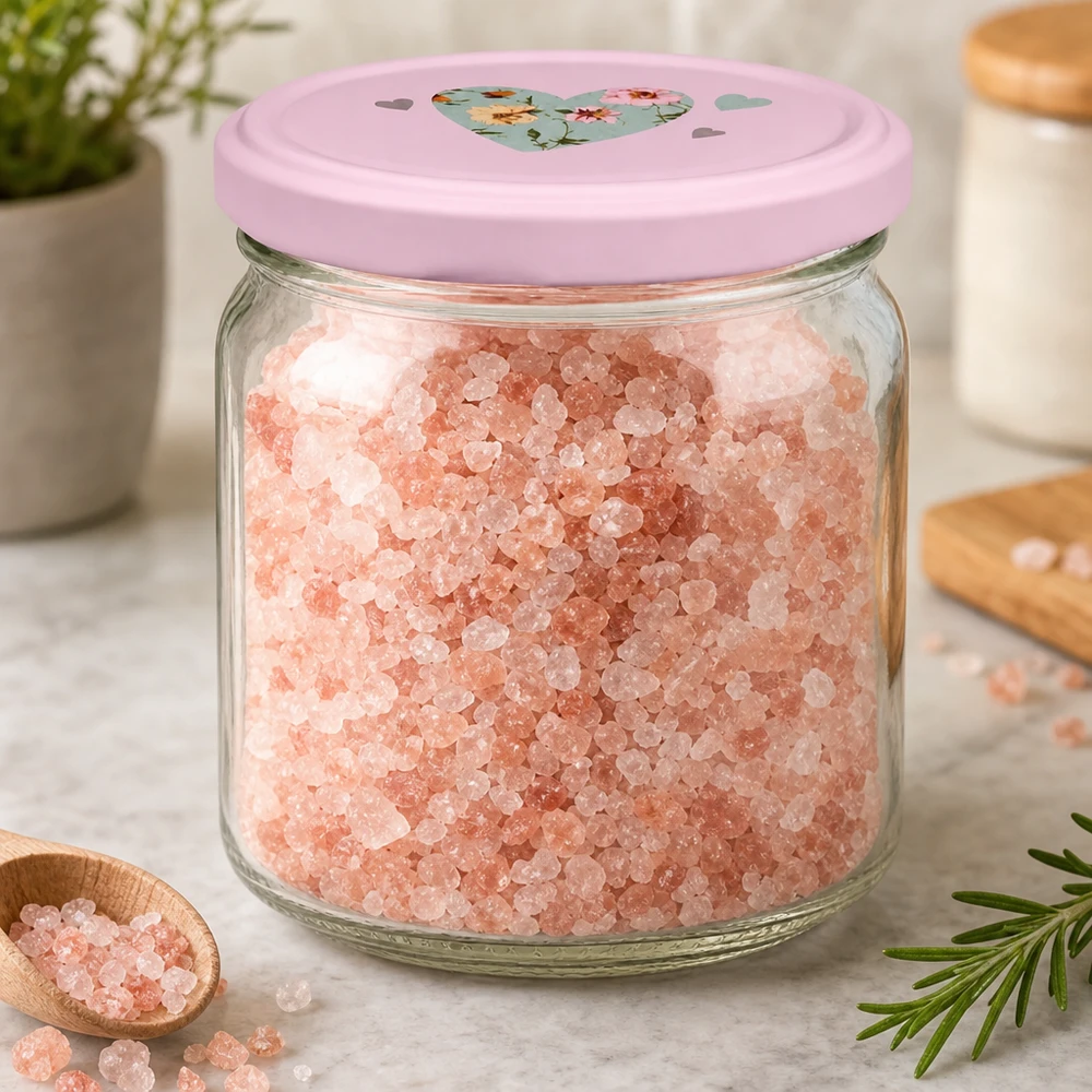 408ml Rundglas + BasicSeal Deckel Herz rosa UNiTWIST 408ml Rundglas mit rosa Herz-Deckel gefüllt mit Himalaya-Salz als dekorative Aufbewahrung in moderner Küche