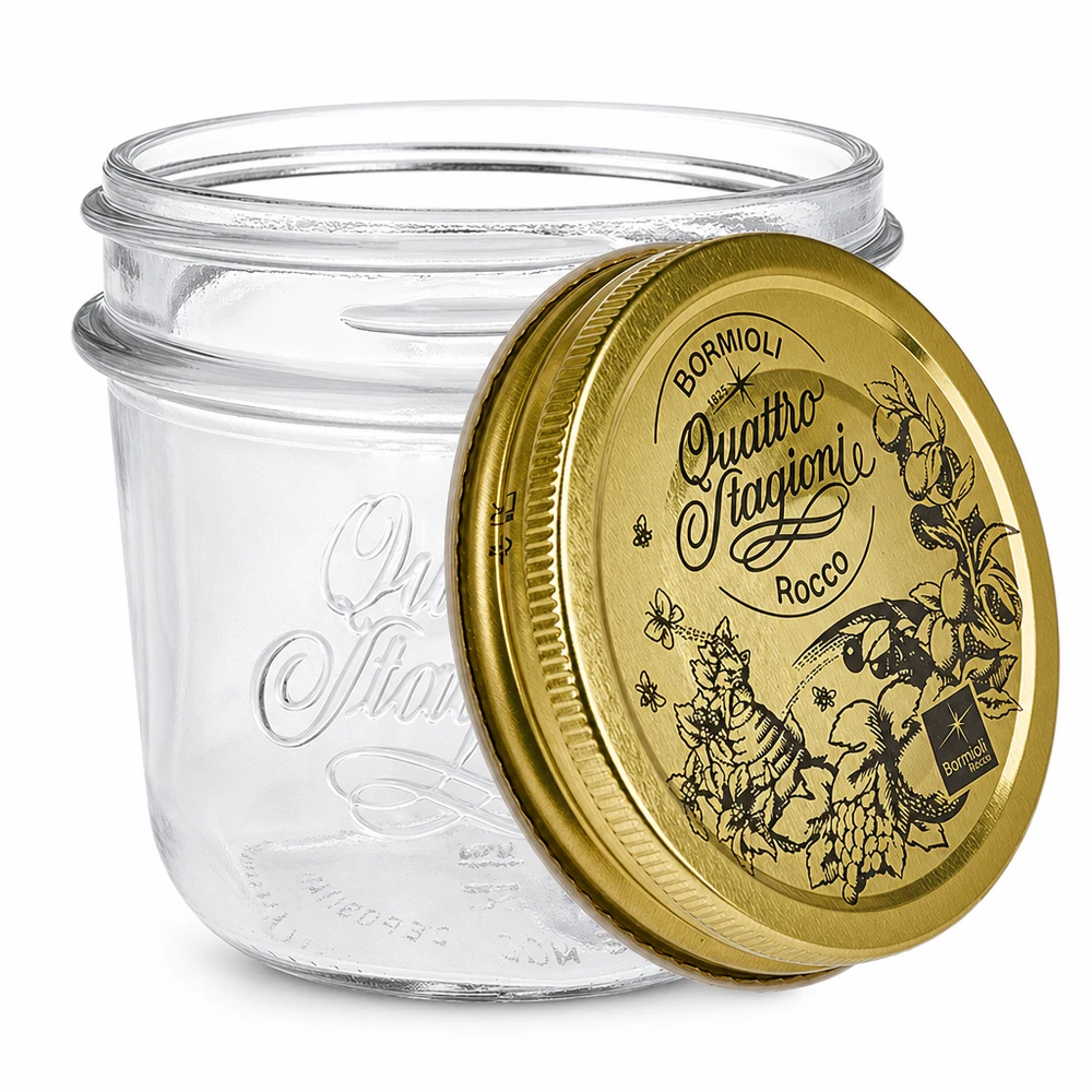 200ml Sturzglas "Quattro Stagioni" mit Deckel 200ml Sturzglas Quattro Stagioni mit goldenem Deckel Einmachglas Bormioli Rocco transparent leer