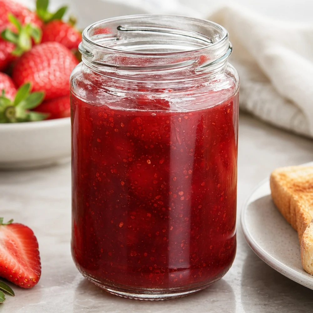 390ml Rundglas ohne Deckel (TO70) UNiTWIST UNiTWIST Runda390 Rundglas 390ml TO70 mit roter Erdbeermarmelade gefüllt neben frischen Erdbeeren und Toast