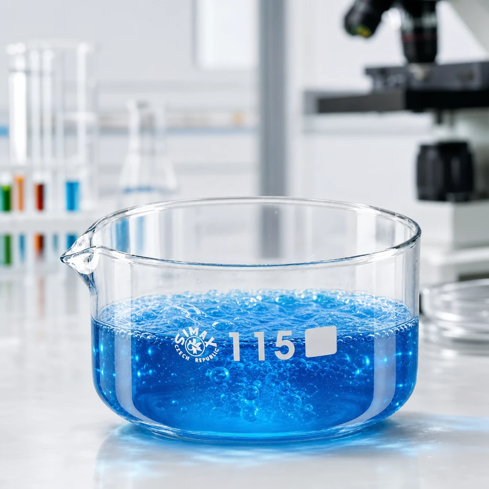 500ml Kristallisierschale mit Ausguss Borosilikat ø115mm Transparente Kristallisierschale ø115mm mit blauer Flüssigkeit und Blasenbildung 500ml Glasware
