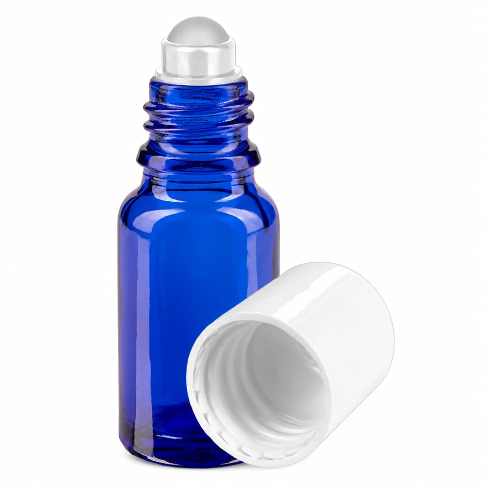 Blaues Roll-On Fläschchen 10ml mit weißem Schraubverschluss und Applikatorkugel aus Glas