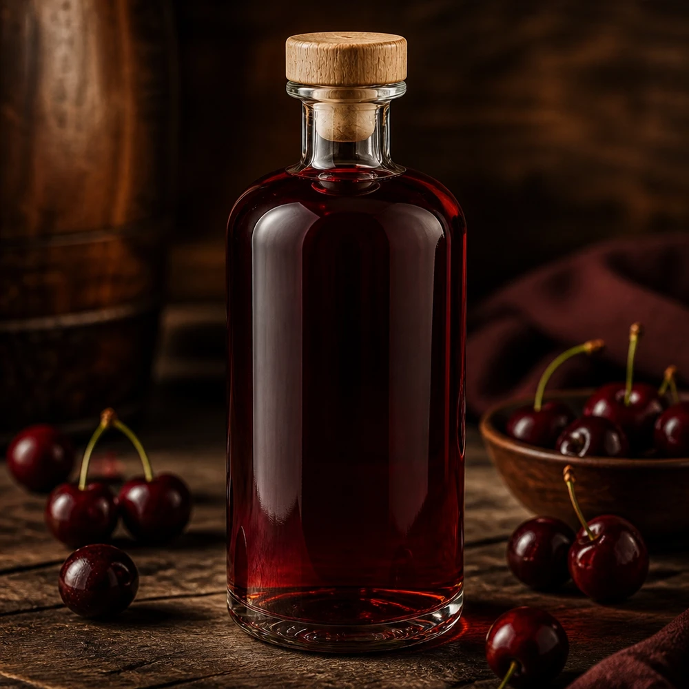500ml Glasflasche "Flora" mit Holzgriff-Korken UNiTWIST Glasflasche Flora 500ml mit Holzkorken gefüllt mit Kirschlikör zwischen frischen Kirschen auf rustikalem Holztisch