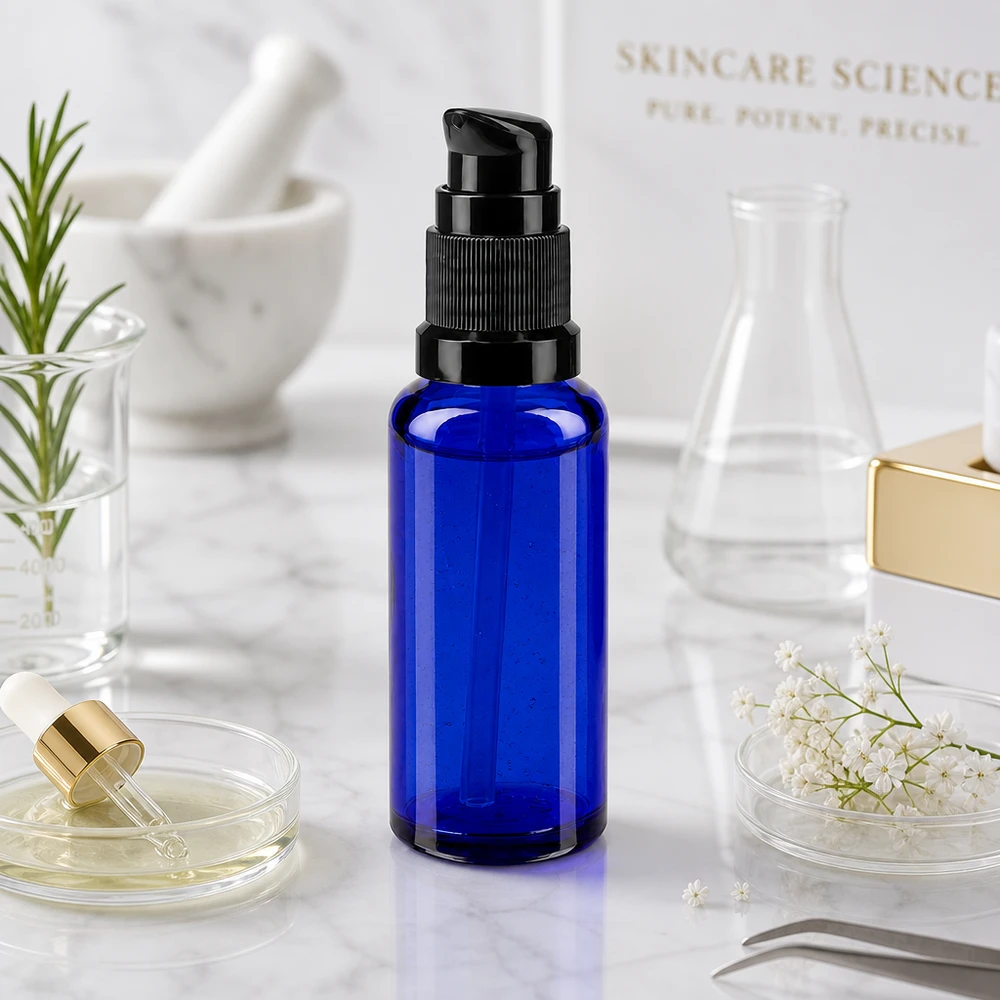 Apothekenflasche blau 30ml PumpVerschluss schwarz Standard UV-Schutzglas 30ml Pumpflasche in Blau mit schwarzem Kopf für Kosmetikprodukte