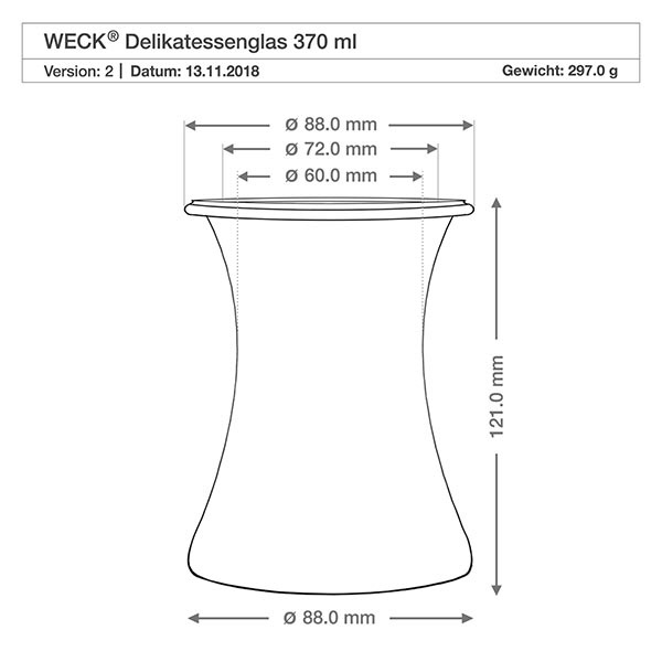 370ml Delikatessenglas WECK RR80 mit Korken natur WECK Delikatessenglas 370ml RR80 technische Zeichnung mit Maßangaben Durchmesser 88mm Höhe 121mm Gewicht 297g