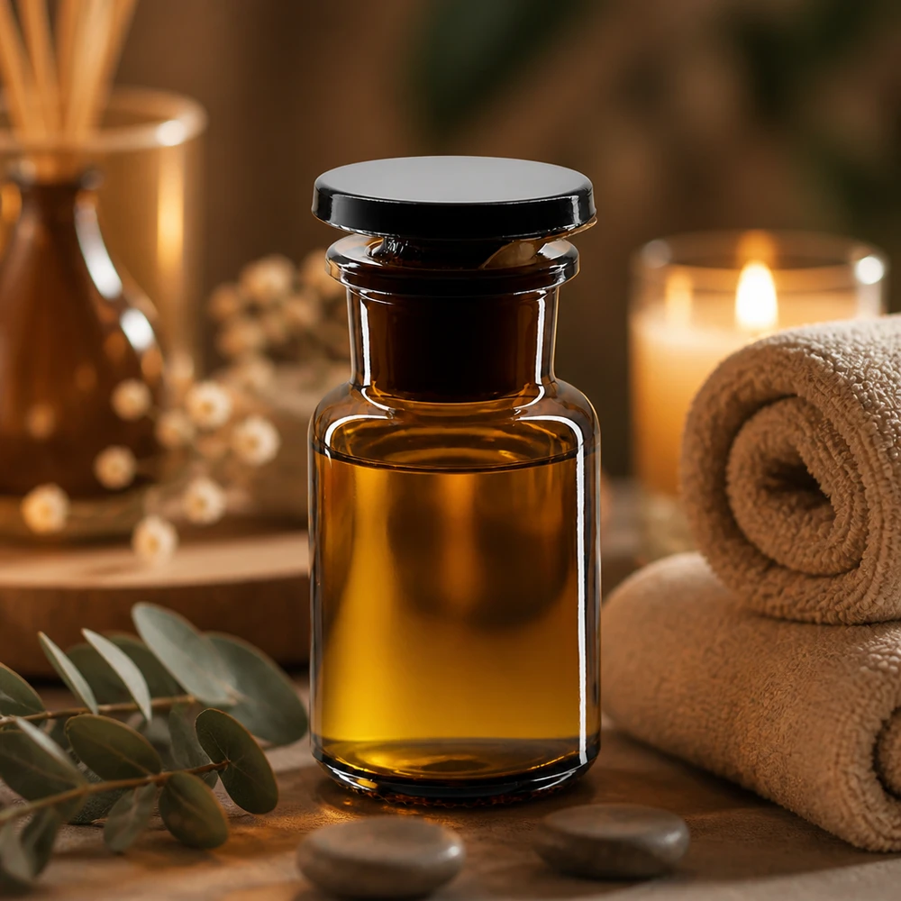 Kleine Braunglas-Rundschulterflasche 50ml mit Weithals für Massage- und Pflegeöle