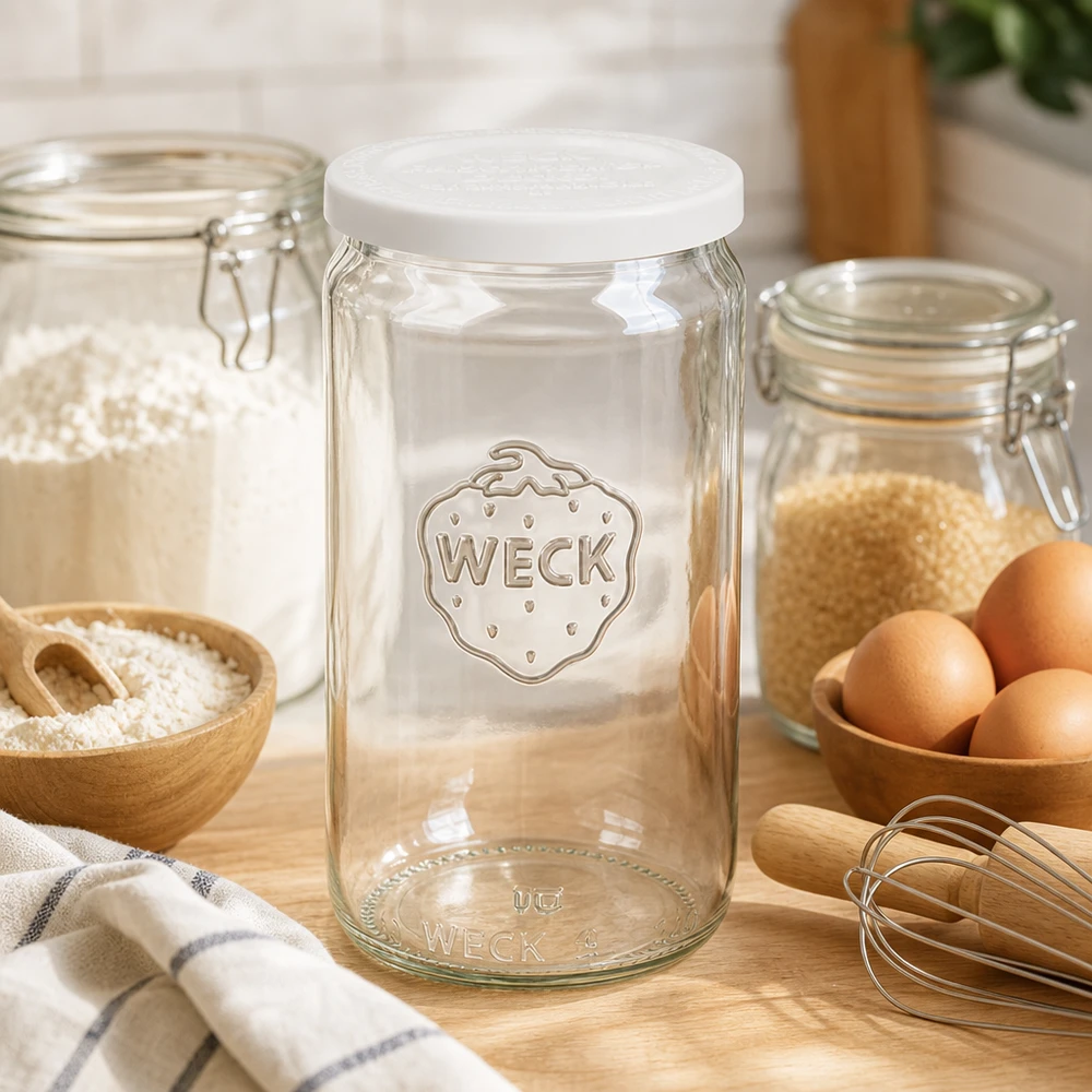 340ml Zylinderglas mit Frischedeckel WECK RR60 WECK 340ml Zylinderglas leer mit weißem RR60 Deckel in Backküche mit Eiern Mehl und Küchenutensilien aus Holz