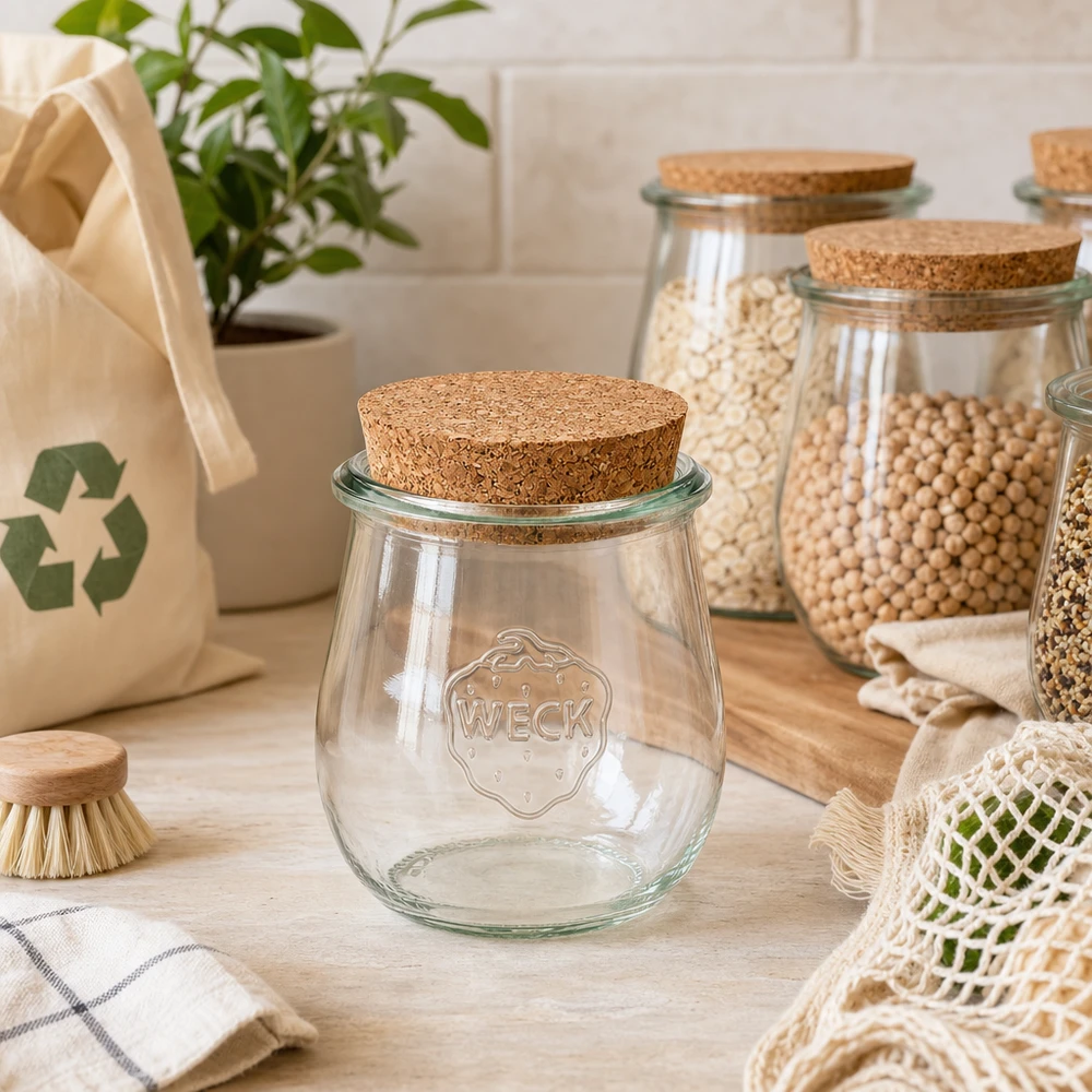 WECK Tulpenglas RR60 220ml leer mit Korkverschluss in nachhaltiger Zero-Waste Küche neben Vorratsgläsern mit Hülsenfrüch