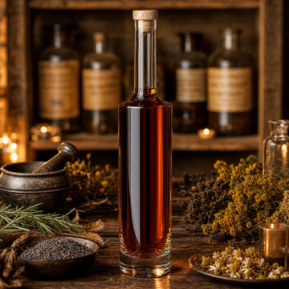 500ml Glasflasche "Rosa" mit Holzgriffkorken UNiTWIST® 500ml Glasflasche Rosa mit brauner Spirituose in Apotheker-Ambiente mit Kräutern Gewürzen und Mörser