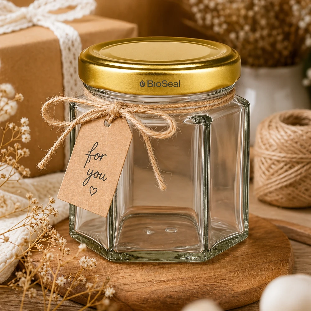 60g Honigglas mit goldenem Deckel BioSeal UNiTWIST 60g Honigglas BioSeal leer mit Geschenkanhänger für you in rustikaler Deko-Szene mit Juteschnur und Trockenblumen