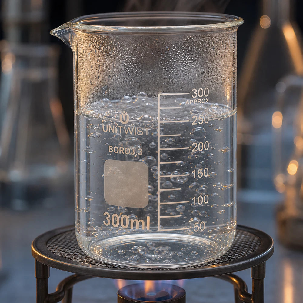 Becherglas 300ml Borosilikat, niedrige Form UNiTWIST UNiTWIST Becherglas BORO 3.3 Glas 300ml auf Metallgitter über Gasflamme erhitzt