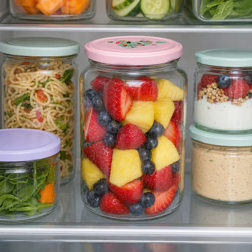 795ml Rundglas + BasicSeal Deckel Herz rosa UNiTWIST Rundglas 795ml mit rosa Herzdeckel gefüllt mit Obstsalat im Kühlschrank neben anderen Vorratsgläsern mit Salat und Nudel