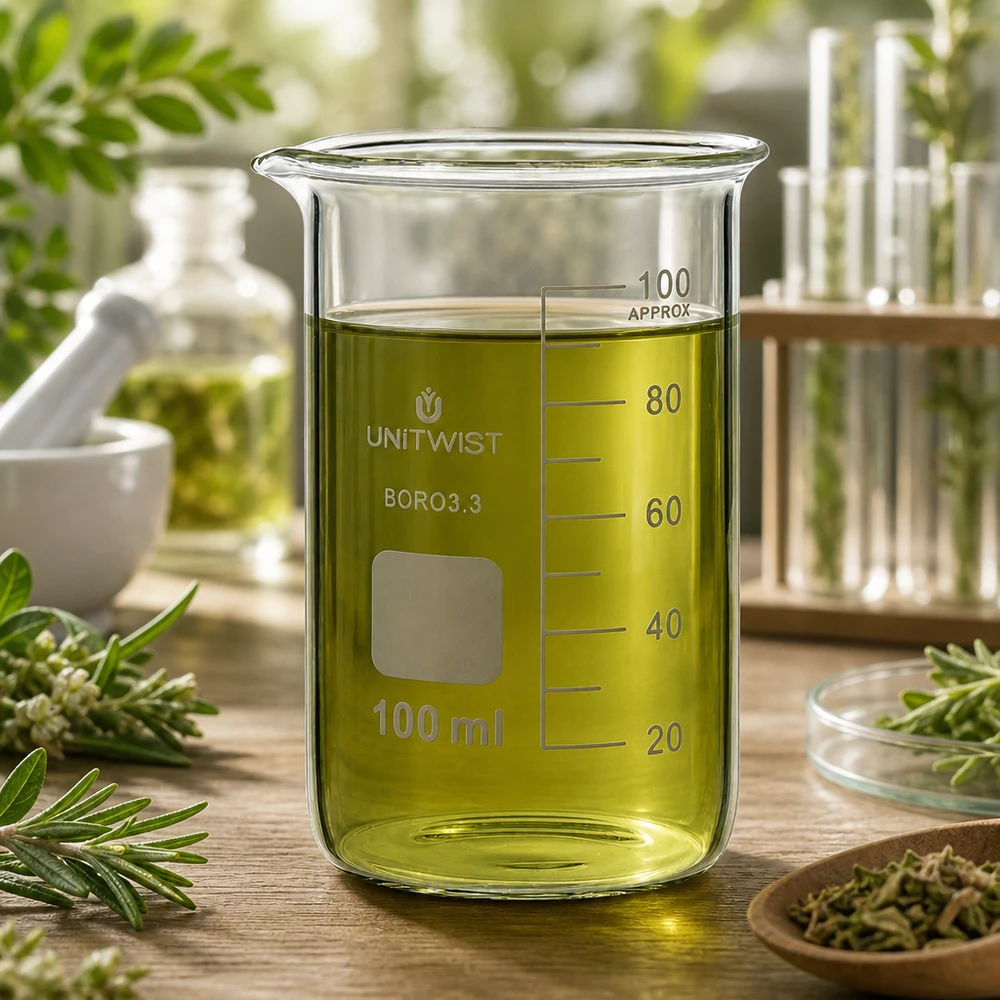 Becherglas 100ml Borosilikat, hohe Form UNiTWIST Becherglas 100ml UNITWIST Boro3.3 hohe Form mit olivgelbem Pflanzenöl auf Holzoberfläche im Kräuterlabor