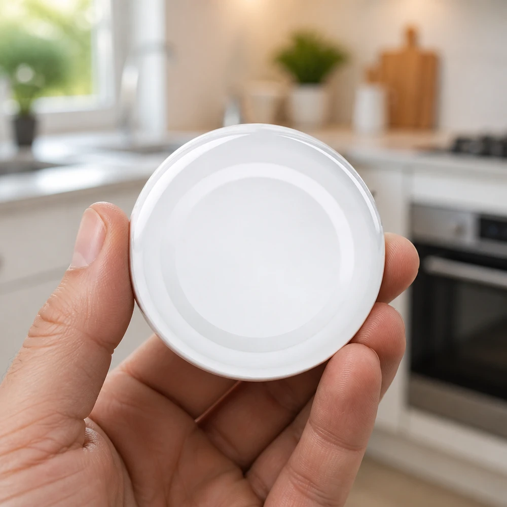 Weißer 43mm UniTwist Deckel BasicSeal TO43 mit konzentrischem Ringmuster