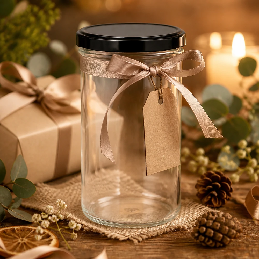 277ml Sturzglas mit BasicSeal Deckel schwarz UNiTWIST 277ml Sturzglas als Geschenkverpackung mit brauner Schleife und Anhänger Weihnachtsdeko Geschenkglas leer