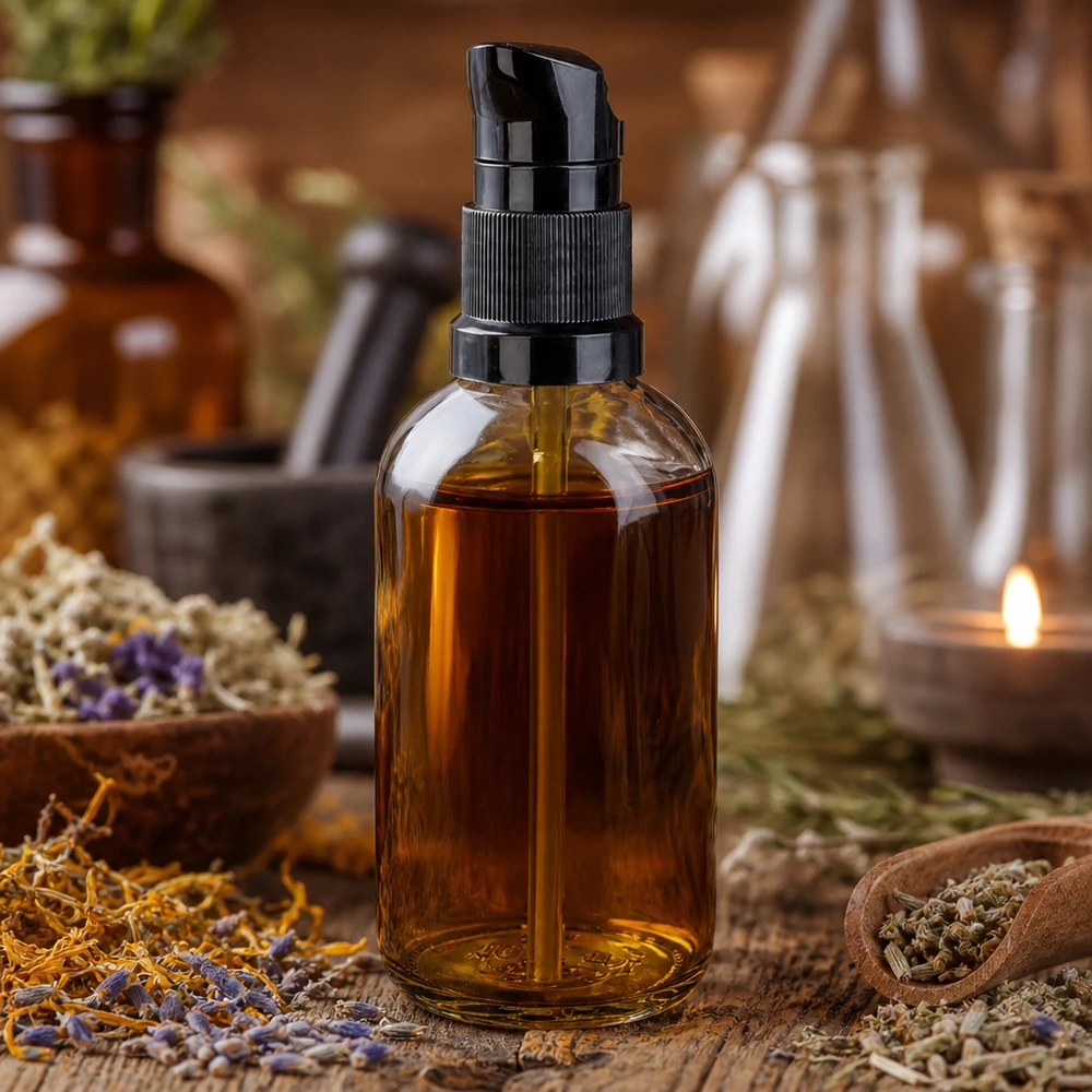 STD Pumpflasche 100ml Borosilikatglas schwarzer Dosierkopf Lavendel Ringelblume Rosmarin