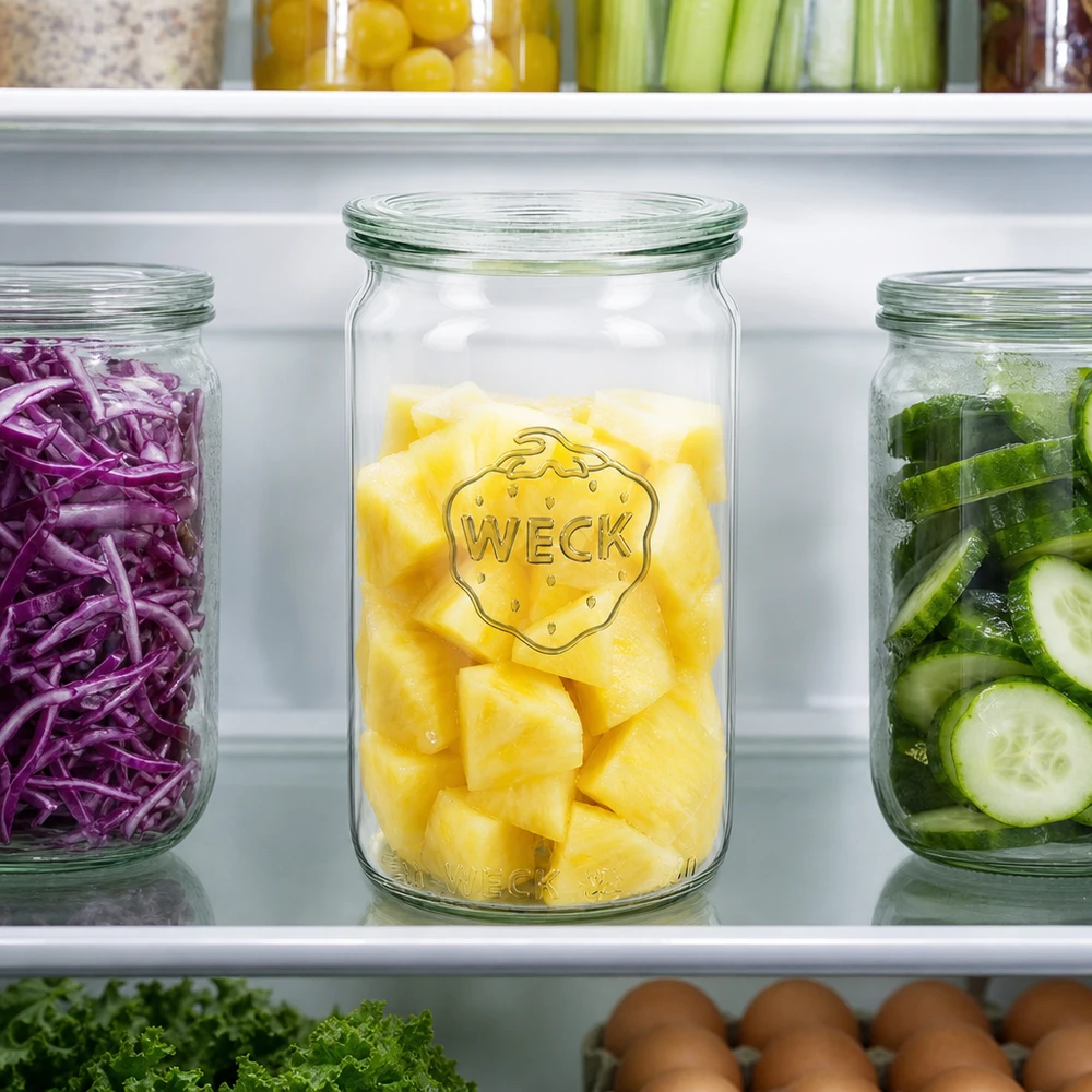 340ml Zylinderglas mit Glasdeckel WECK RR60 WECK 340ml Zylinderglas RR60 im Kühlschrank mit Ananas gefüllt neben Rotkohl und Gurken für Meal Prep Organisation