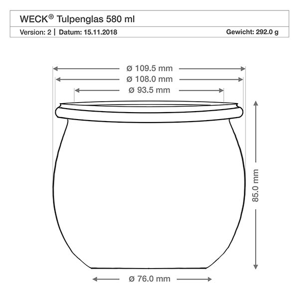 580ml Tulpenglas WECK RR100 mit Korken natur Technische Zeichnung WECK Tulpenglas 580ml RR100 mit Maßangaben Durchmesser Höhe Gewicht Produktspezifikation