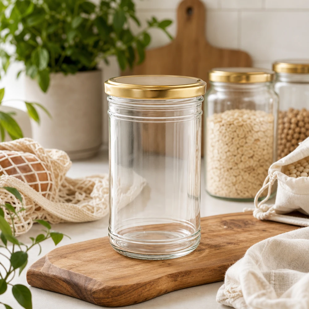 1053ml Sturzglas mit BasicSeal Deckel gold UNiTWIST Leeres 1053ml Sturzglas mit goldenem Deckel auf Holzbrett in nachhaltiger Zero-Waste Küche mit Vorratsgläsern