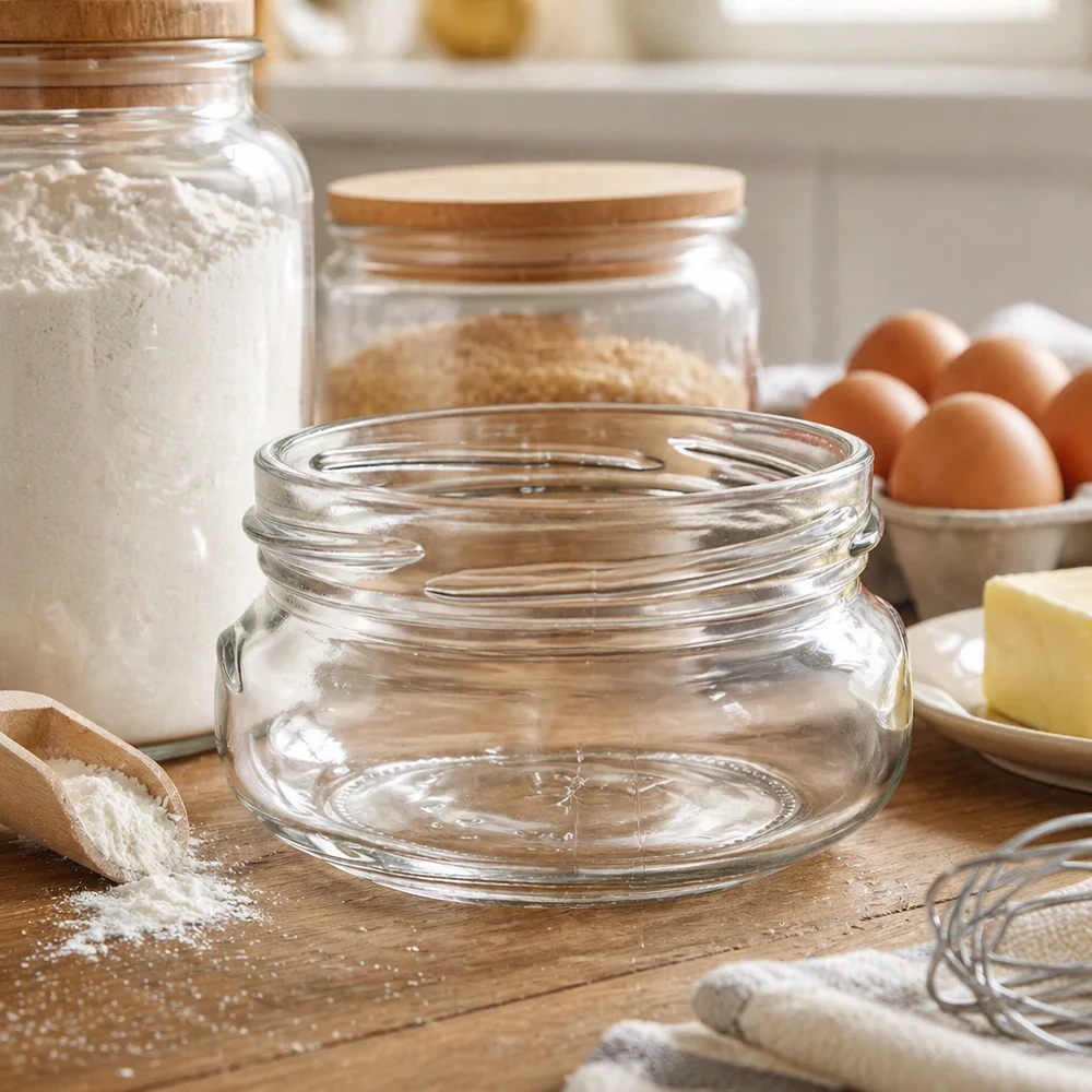 120ml Terrinenglas ohne Deckel (TO70) UNiTWIST UNiTWIST Terrina120 Terrinenglas 120ml TO70 leer auf Holzbrett in Küche mit Backzutaten und Vorratsgläsern