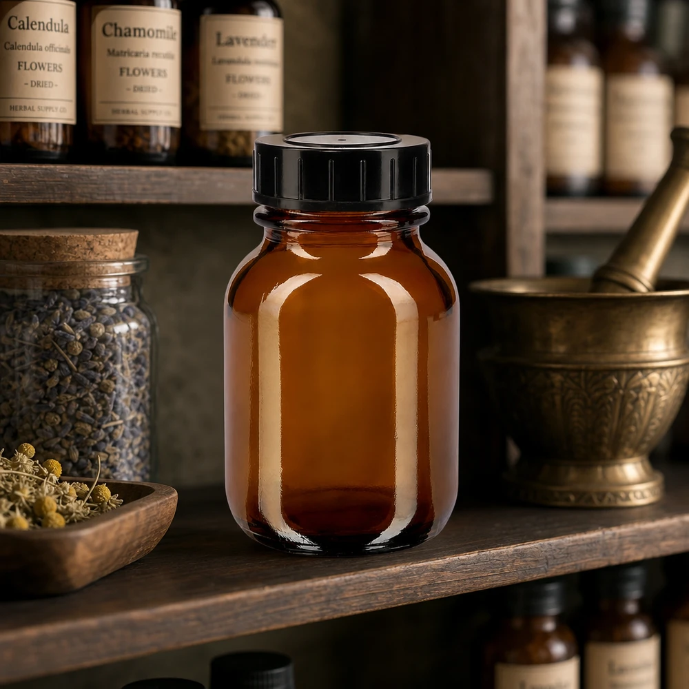 Traditionelle 50ml Weithalsflasche aus braunem Glas mit modernem Schraubverschluss Design