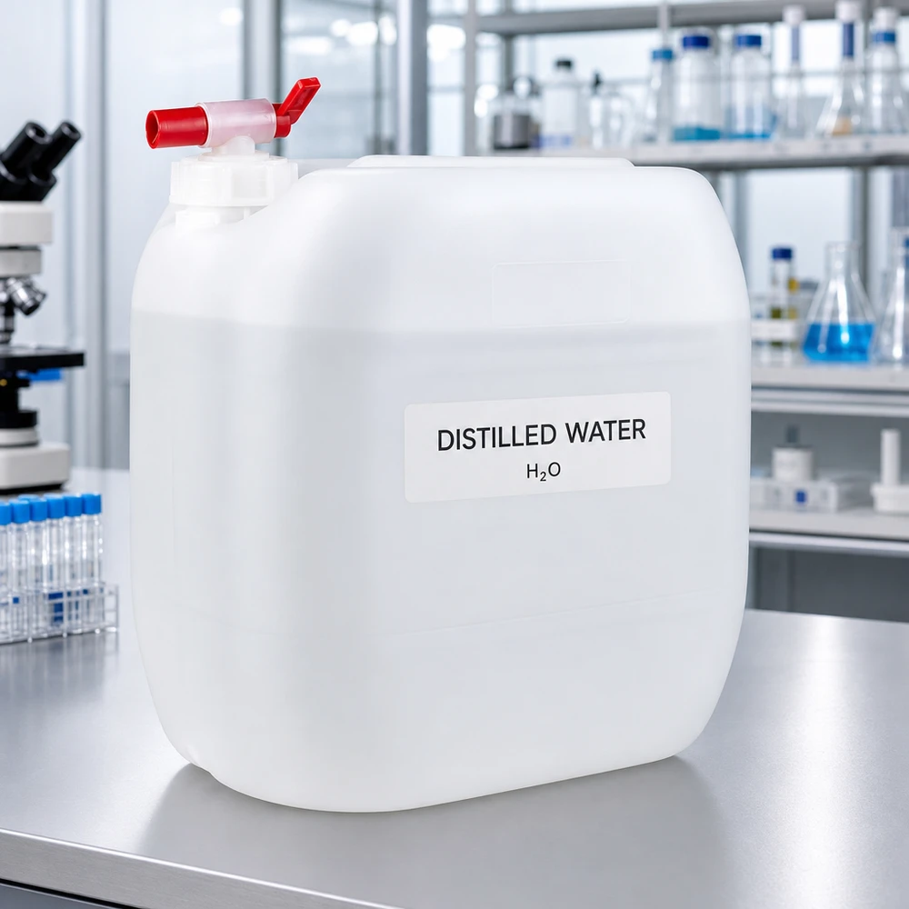 Kanister 30 Liter mit Auslaufhahn Quadratischer 30 Liter Vorratsbehälter mit rotem Hahn zur sicheren Wasserentnahme im Labor