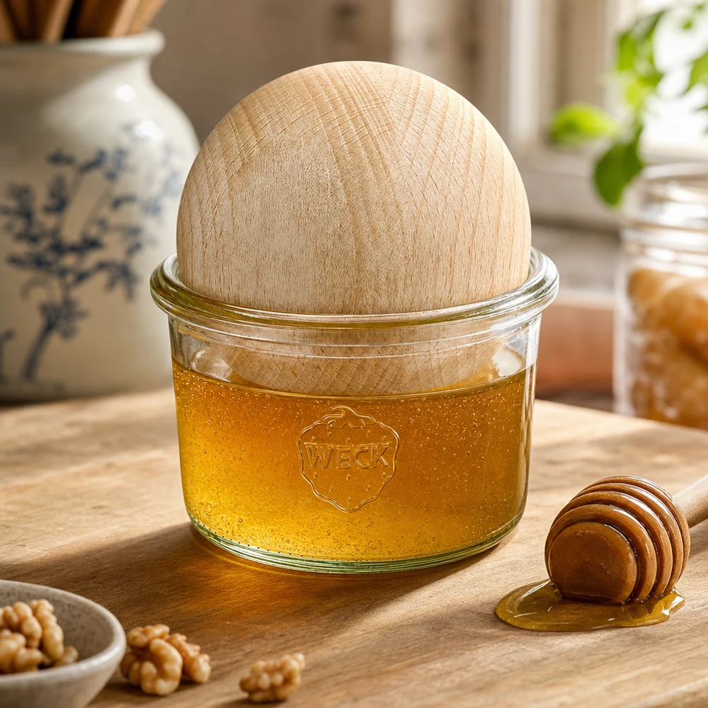 200ml Sturzglas WECK RR80 mit Holzkugel Buche WECK Sturzglas 200ml mit Buchenkugel gefüllt mit Honig, Honiglöffel und Walnüsse auf Holztisch in warmer Küche