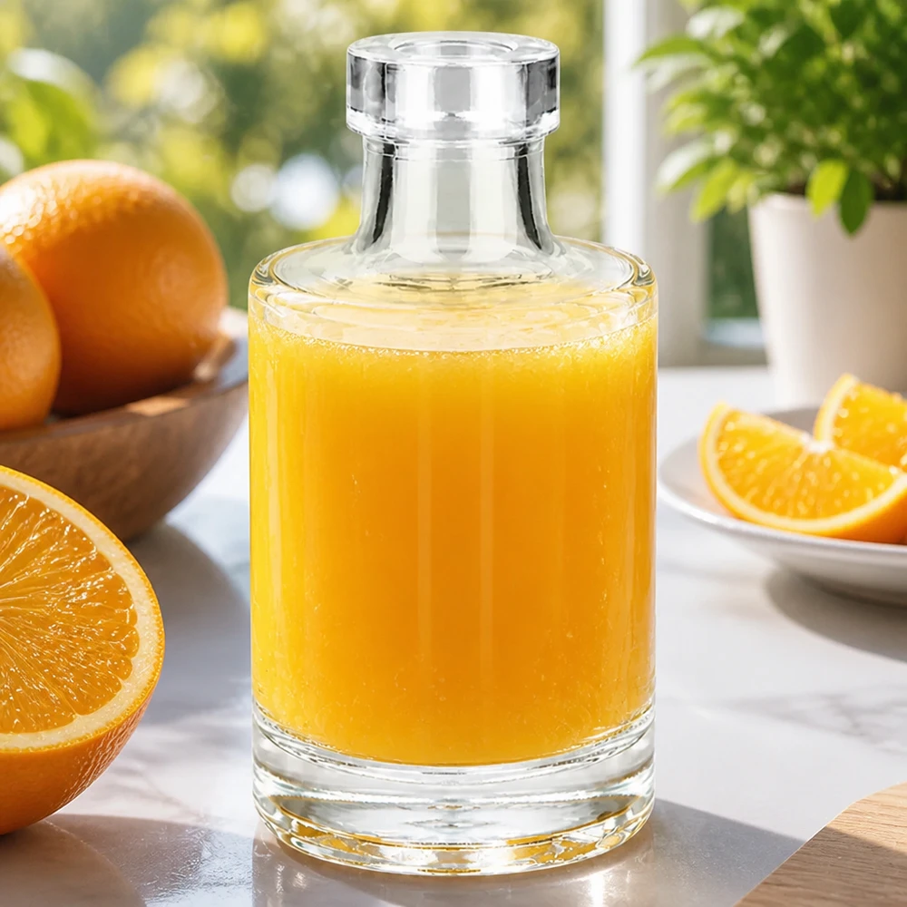 100ml Glasflasche "Marie" ohne Verschluss UNiTWIST 100ml Glasflasche Marie mit Orangensaft gefüllt umgeben von frischen Orangen und Orangenscheiben auf Marmortisch