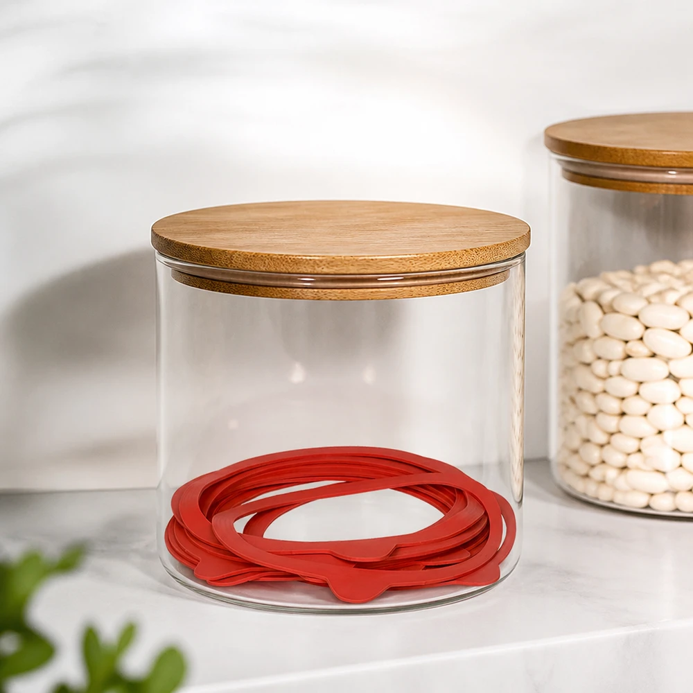 Einkochring Naturgummi RR120 Rote Einkochringe RR120 aus Naturgummi in transparentem Vorratsglas mit Bambusdeckel in moderner Küche
