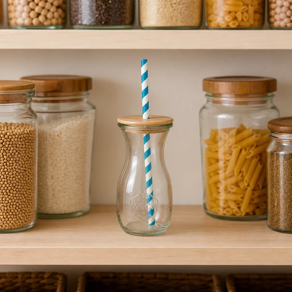 WECK Glasflasche 290ml mit Holzdeckel türkis-weißer Öko-Strohhalm in organisierter Vorratsküche mit Gläsern