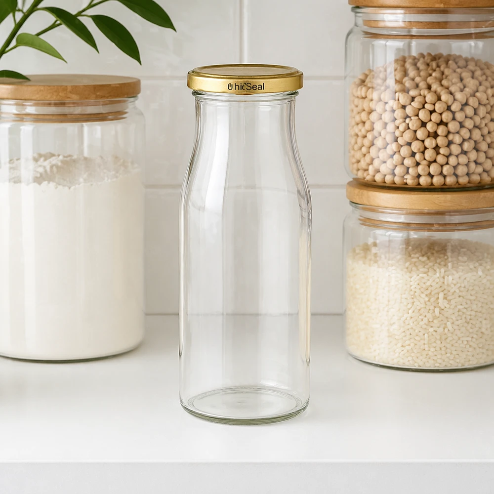 150ml Flasche mit BioSeal Deckel gold UNiTWIST Leere UNiTWIST Glasflasche 150ml mit goldenem BioSeal Verschluss in Küche zwischen Vorratsgläsern mit Lebensmitteln