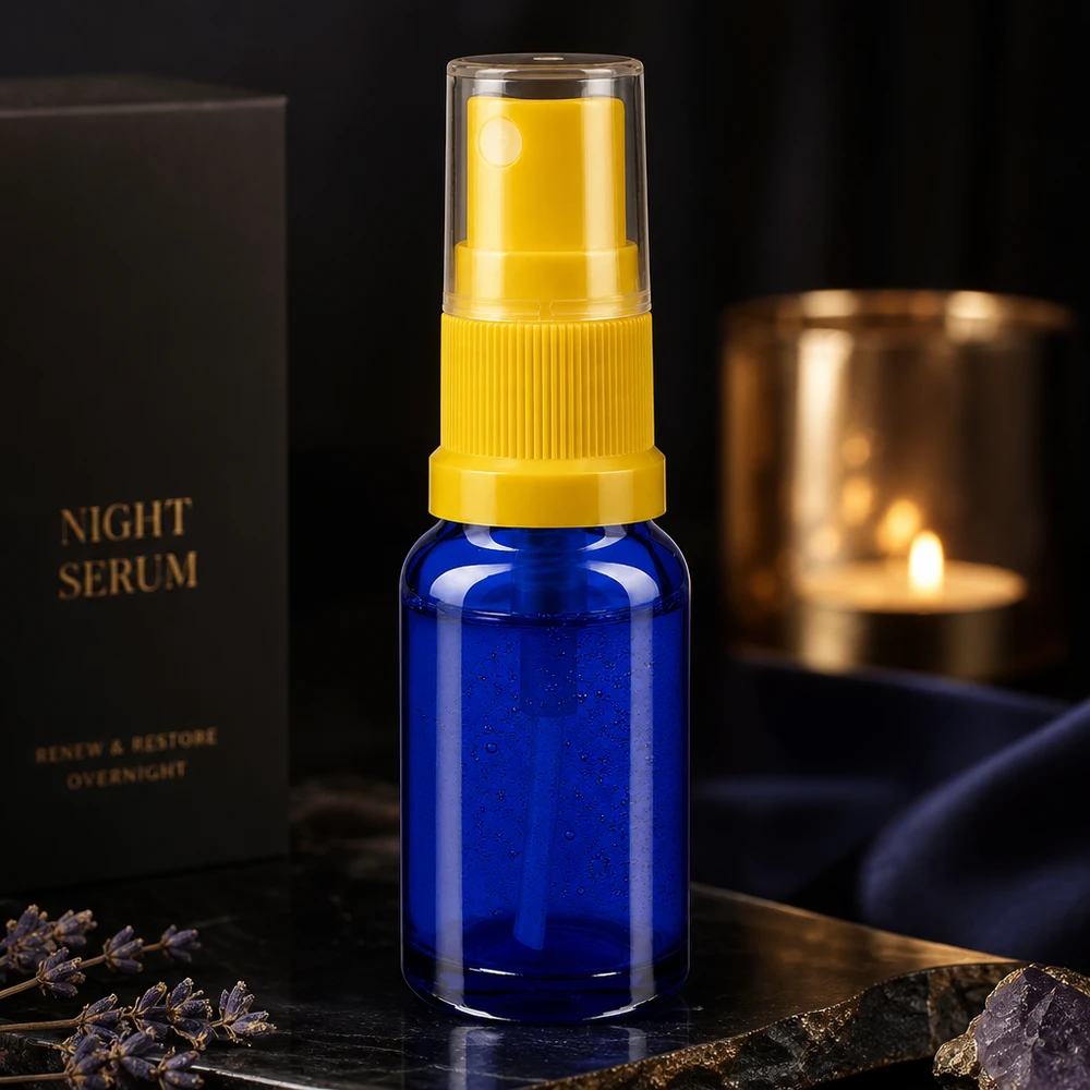 Blaue 10ml Pumpflasche aus Apothekerglas für Serum Öle und Kosmetik mit gelbem Sprühkopf