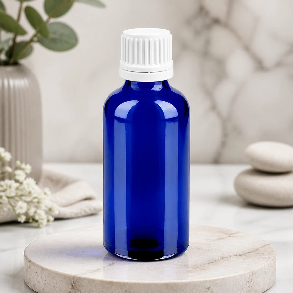 50ml Tropfflasche 0.7mm weiß Originalitätsverschluss BlueLine UT18/50 Premium 50ml BlueLine Glasflasche mit kindersicherem weißem Verschluss für Heilpraktiker