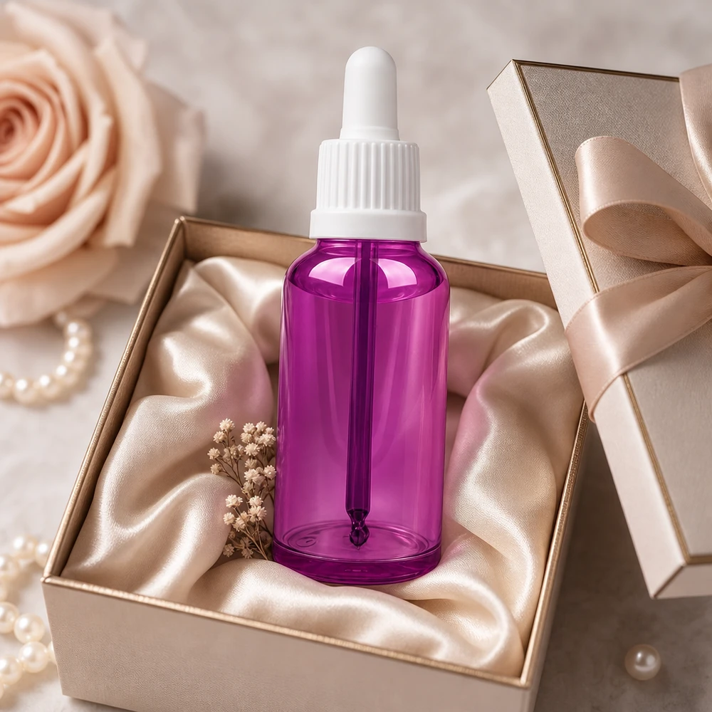 50ml Pipettenflasche weiss Originalität Schraubverschlusserschluss PurpleLine UT18/50 Premium Glasflasche 50ml in lila für hochwertige Kosmetikverpackung und Produktpräsentation