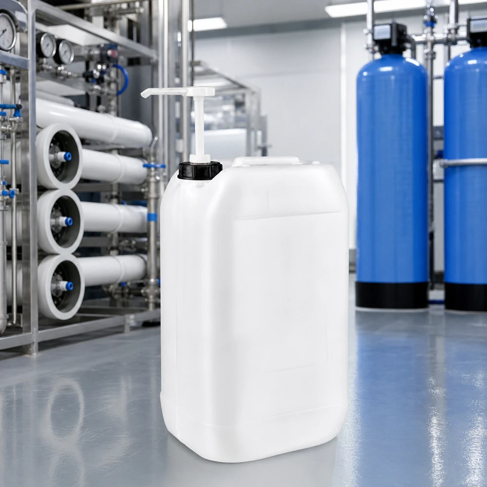 Kanister 15 Liter mit Dosierpumpe Kompakter rechteckiger 15 Liter Kunststoffkanister mit Pumpenaufsatz für Industriechemikalien