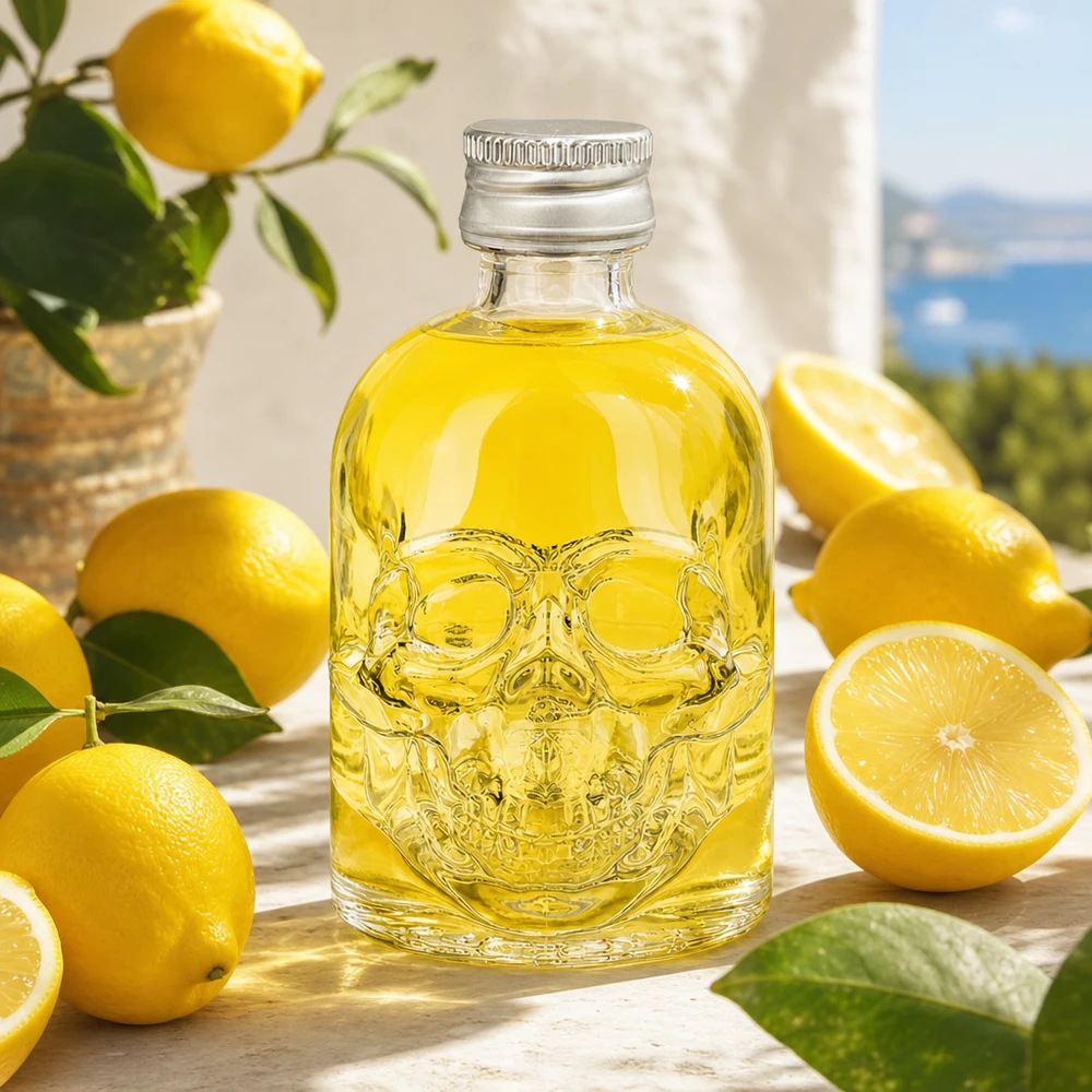50ml Glasflasche "Hector" + Schraubverschluss silber UNiTWIS 50ml Glasflasche Hector mit Totenkopf-Design befüllt mit gelber Flüssigkeit zwischen Zitronen als Lifestyle-Aufnahme