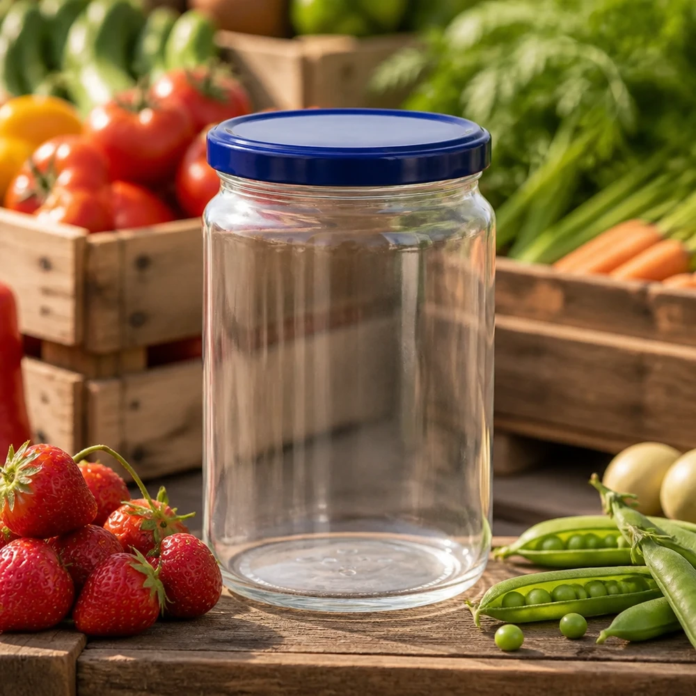 795ml Rundglas mit blauem BasicSeal Deckel UNiTWIST umgeben von frischem Gemüse und Obst auf Holztisch