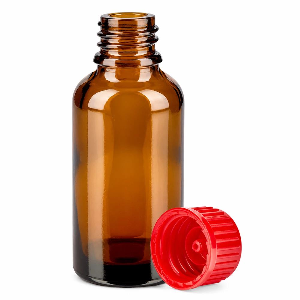 30ml Medizinflasche aus bernsteinfarbenem Glas mit sicherem roten Schraubverschluss