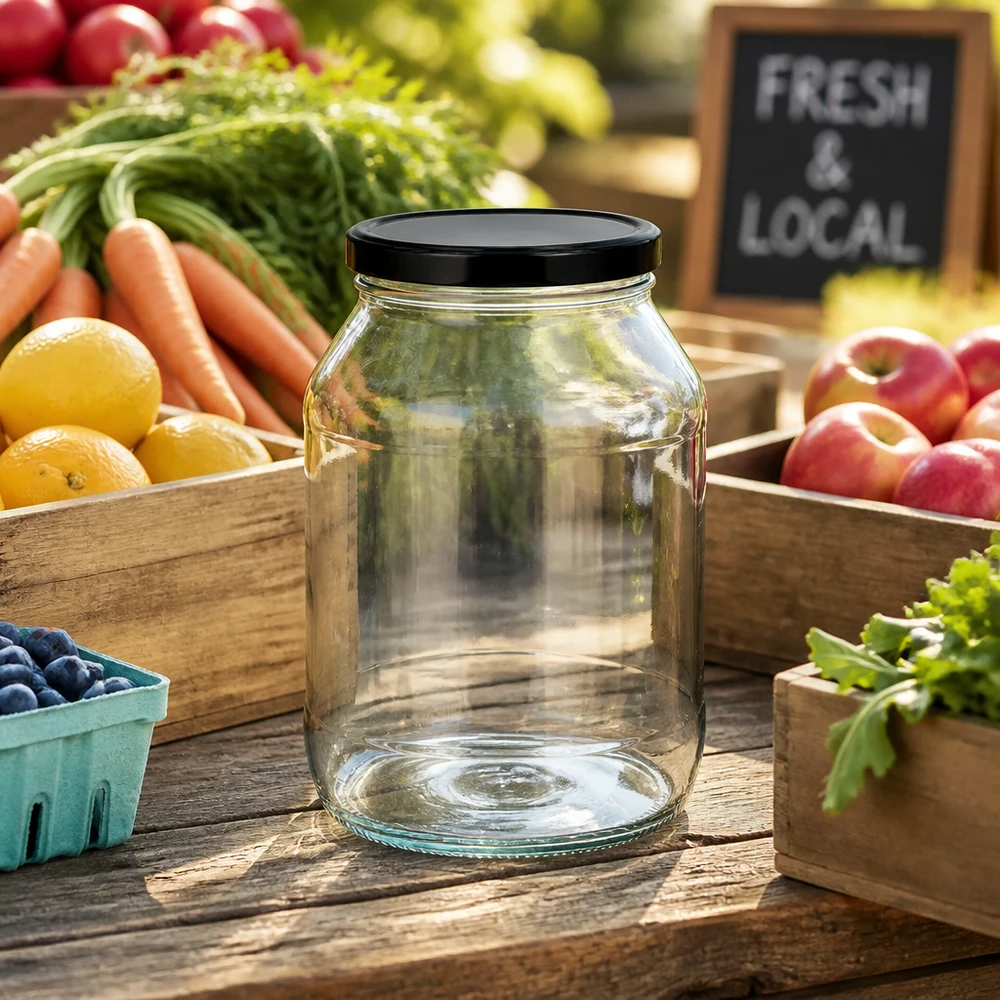 Leeres 2650ml Rundglas mit schwarzem Deckel zwischen frischem Obst und Gemüse auf Holztisch im Farmers Market Stil